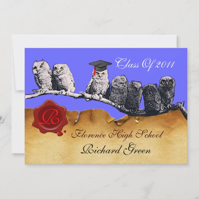 TEACHER OWL GRADUATION PARCHMENT WAX SEAL MONOGRAM INVITATION (Front)
