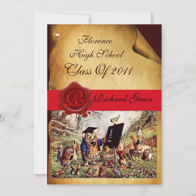 TEACHER OWL GRADUATION PARCHMENT WAX SEAL MONOGRAM INVITATION (Front)