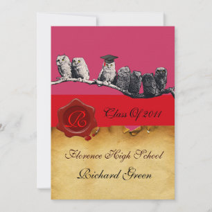 TEACHER OWL GRADUATION PARCHMENT WAX SEAL MONOGRAM INVITATION
