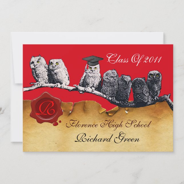TEACHER OWL GRADUATION PARCHMENT WAX SEAL MONOGRAM INVITATION (Front)