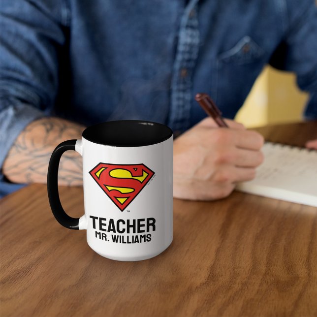 Teacher Personalised Superman Logo Mug (Mug on desk)