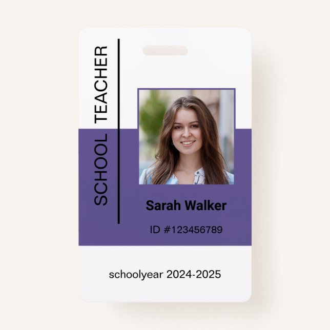 Teacher photo ID of an employee or student lilac ID Badge (Front)