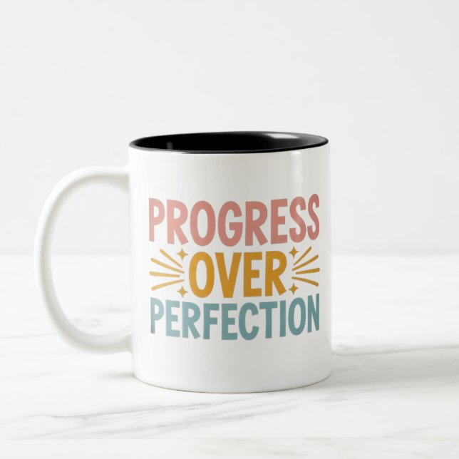 Teacher Progress Over Perfection Back to School  Two-Tone Coffee Mug (Left)