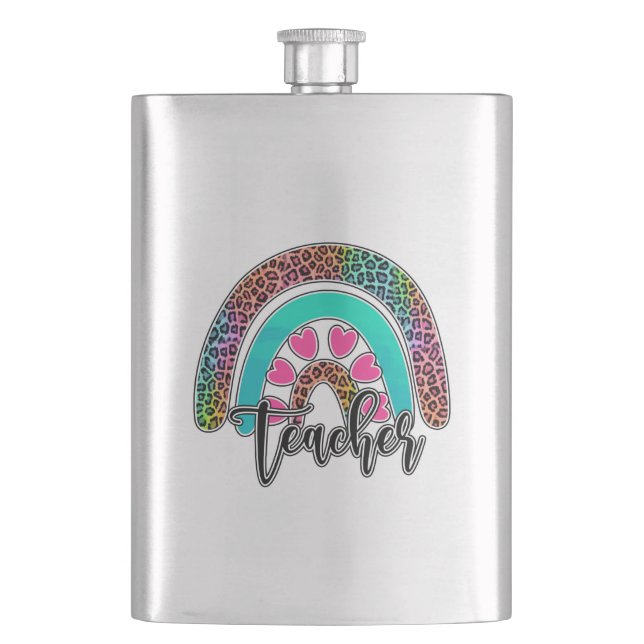 Teacher Rainbow – Colourful Leopard Print Hip Flask (Front)