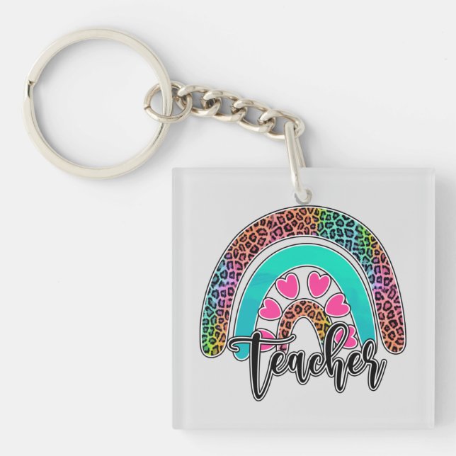 Teacher Rainbow – Colourful Leopard Print Key Ring (Front)
