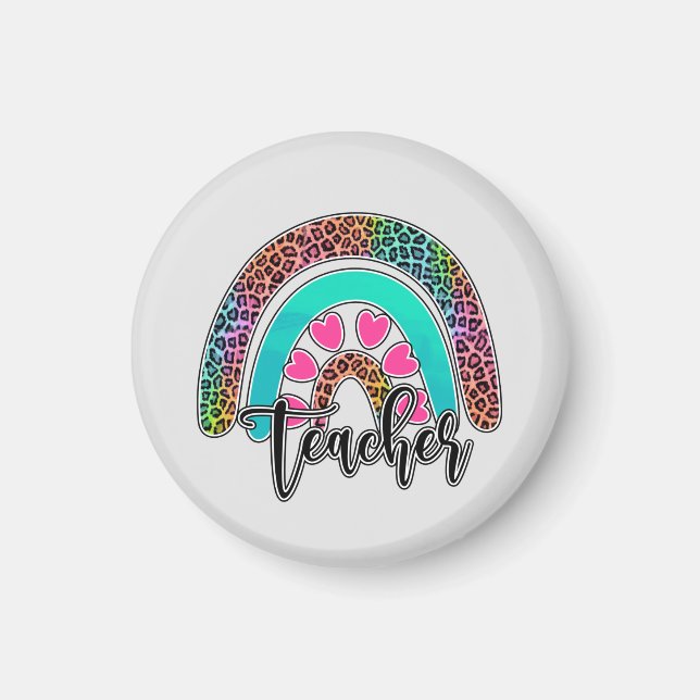 Teacher Rainbow – Colourful Leopard Print Magnet (Front)