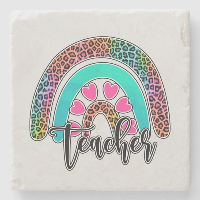 Teacher Rainbow – Colourful Leopard Print Stone Coaster (Front)