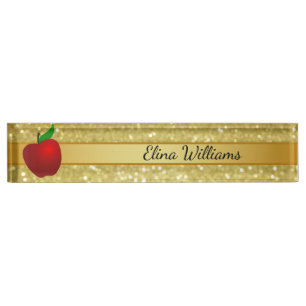 Teacher Red Apple Gold Classic Confetti Nameplate