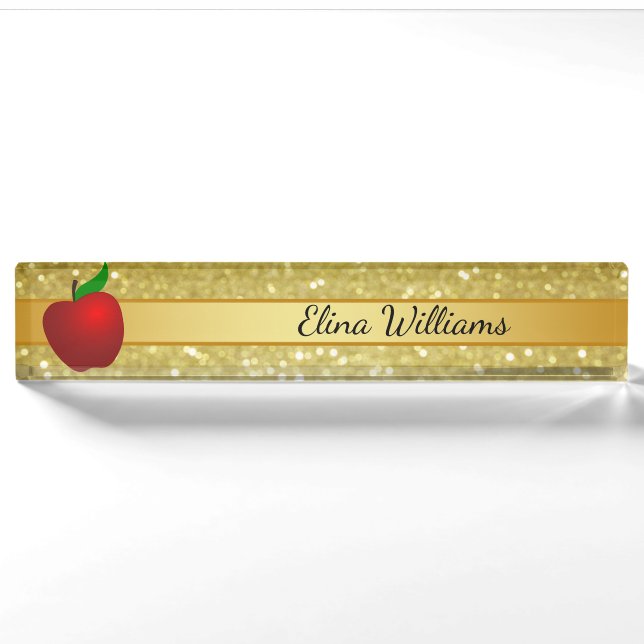 Teacher Red Apple Gold Classic Confetti Nameplate (Front)