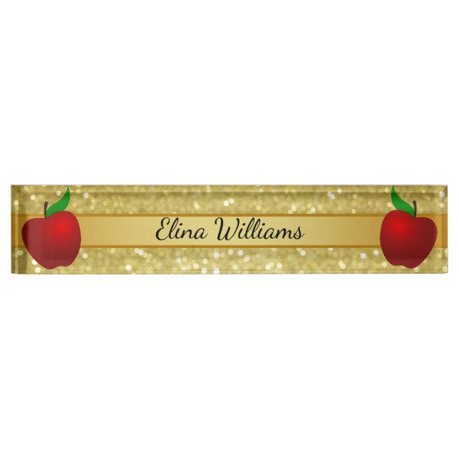 Teacher Red Apple Gold Classic Confetti Nameplate (Front)