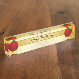 Teacher Red Apple Gold Classic Confetti Nameplate
