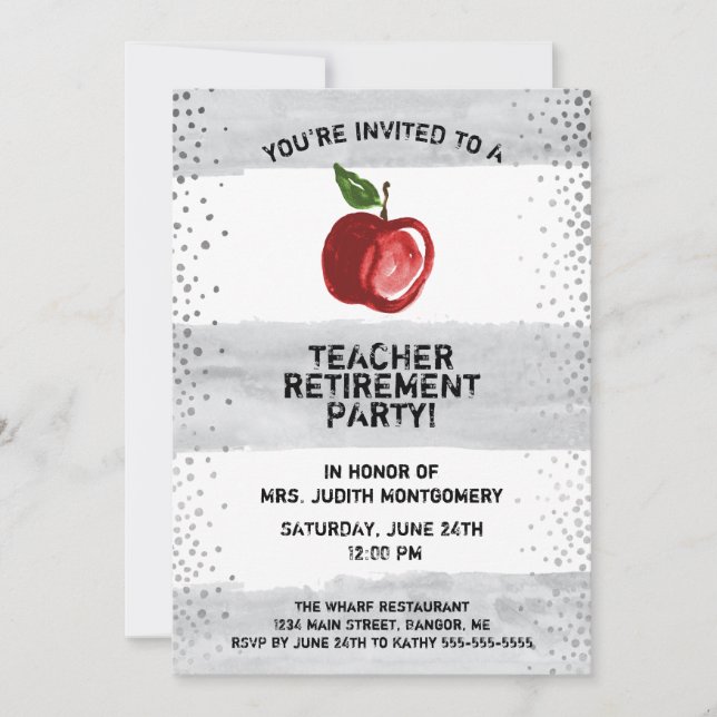 Teacher Retirement Apple Watercolor Grey Stripes Invitation (Front)