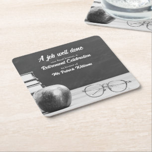 Teacher Retirement Chalkboard Apple Books Noir Square Paper Coaster