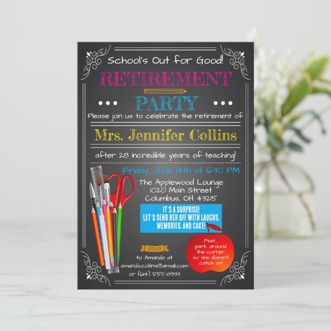 Teacher Retirement Chalkboard Invitation (Standing Front)