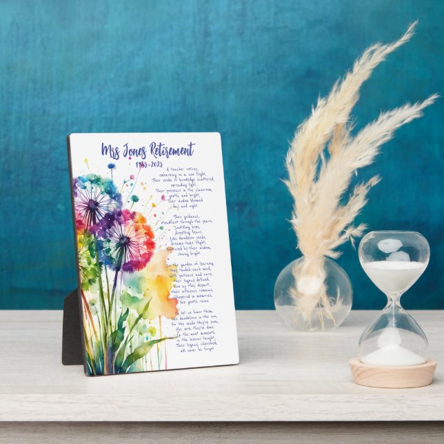 Teacher Retirement keepsake with rainbow dandelion Plaque (Side)