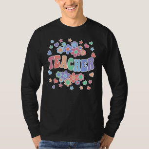 TEACHER-Retro Groovy, Flowers, Hearts, Stars T-Shirt