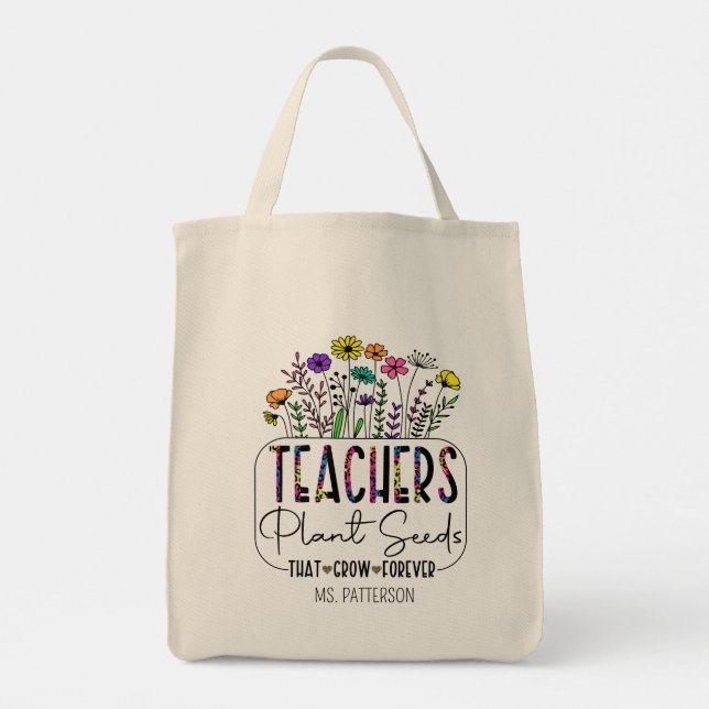 Teacher Sayings Modern Flower Personalised Name Tote Bag (Back)