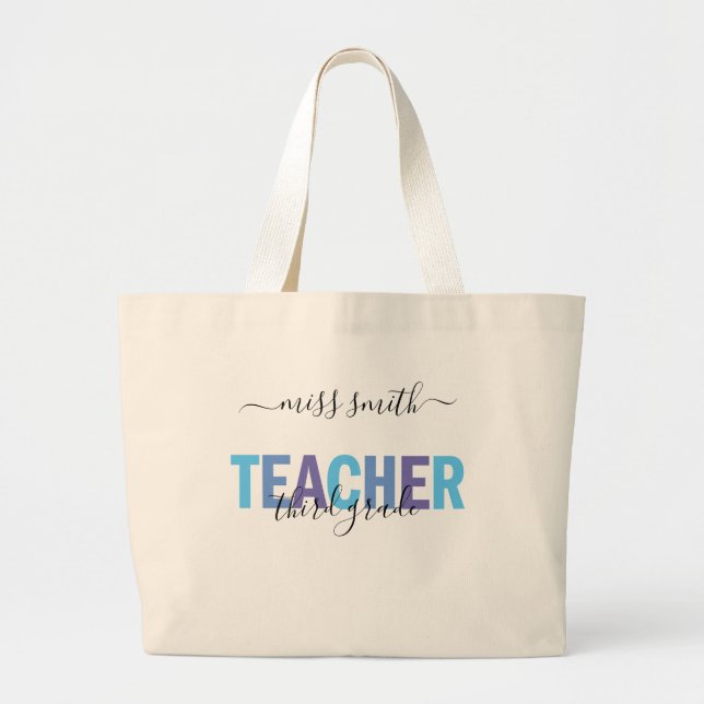 Teacher Script Name Blue and Purple Class Photo Large Tote Bag (Front)