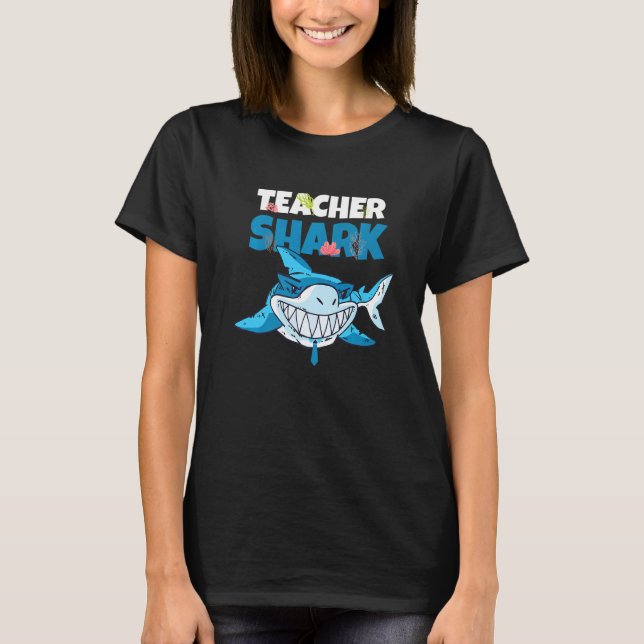 Teacher Shark  Blue Smiling Sharp Teeth Fish T-Shirt (Front)