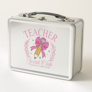 📚✨ Teacher Social Club Pink Pencil Bow Design Metal Lunch Box