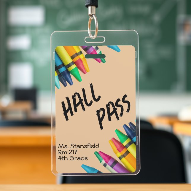 Teacher Student Crayon Class Bathroom Hall Pass ID Badge (tan brown crayon school teacher student hall pass badge)