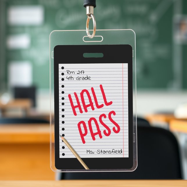 Teacher Student Paper Classroom Bathroom Hall Pass ID Badge (black lined notebook paper school teacher student hall pass badge)