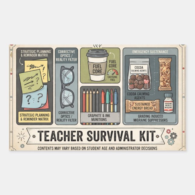 "Teacher Survival Kit" Humourous Educator Supply  Rectangular Sticker (Front)