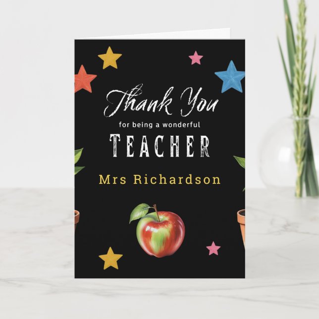 Teacher Thank You Chalkboard Apple Custom Name Card (Front)