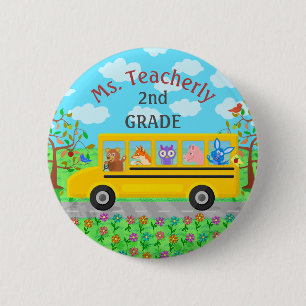 Teacher Thank You Custom Name Cute Bus Animals 6 Cm Round Badge