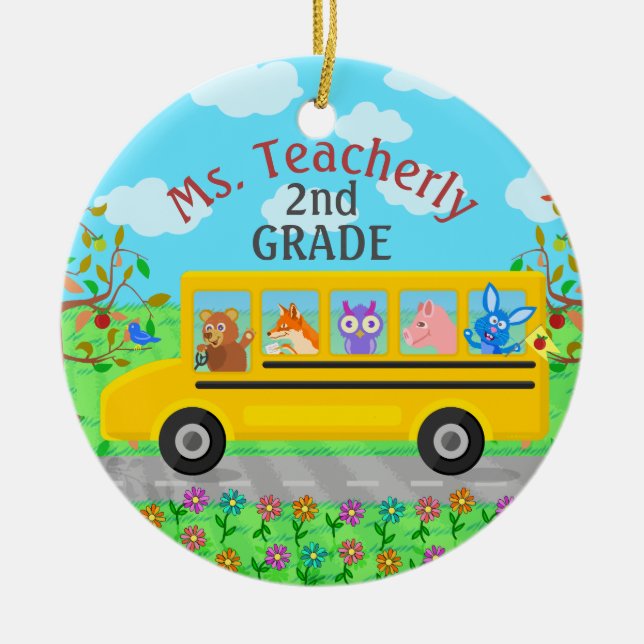 Teacher Thank You Custom Name | Cute Bus Animals Ceramic Tree Decoration (Front)