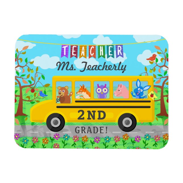 Teacher Thank You Custom Name | Cute Bus Animals Magnet (Horizontal)