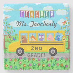 Teacher Thank You Custom Name Cute Bus Animals Stone Coaster