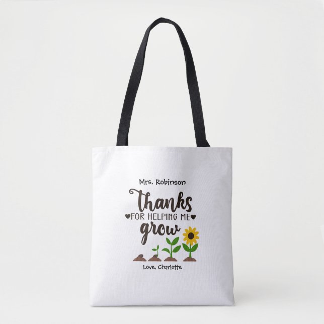 Teacher Thanks for Helping Me Grow Sunflower Gift Tote Bag (Front)