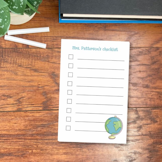 Teacher To-Do List Sticky Notes with Globe Doodle (Personalized teacher sticky notes with globe doodle .)
