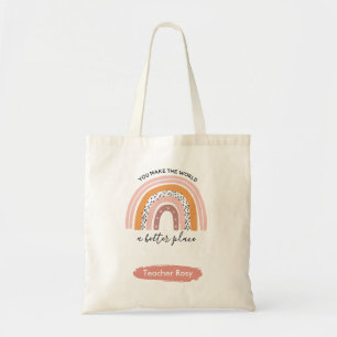 Teacher Tote Bags Boho Rainbow Pink Personalised