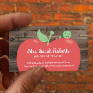 Teacher Tutor Cute Apple & Worm Barn Wood Business Card