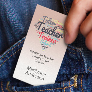 Teacher Tutor Pink Word Cloud Business Card