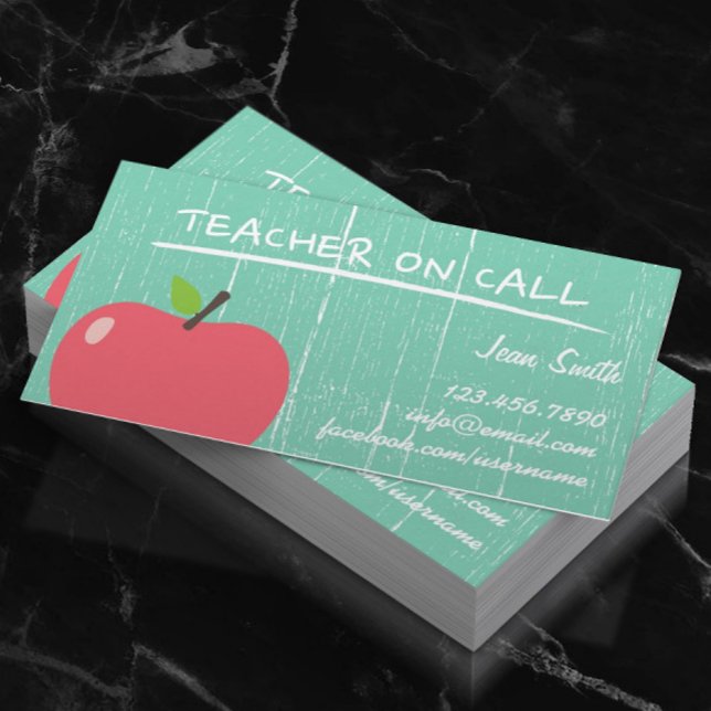 Teacher Tutor Rustic Green Wood Big Apple Business Card (Creator Uploaded)