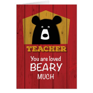 Teacher, Valentine Bear Wishes on Red Wood Grain
