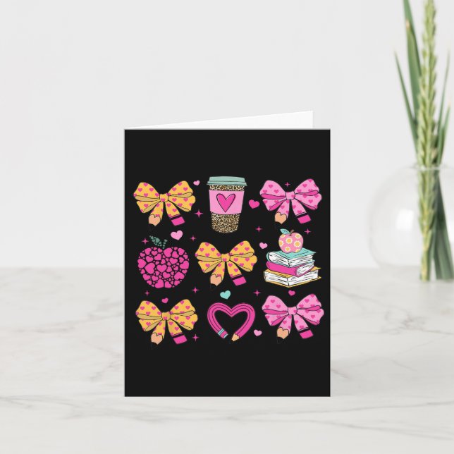 Teacher Valentine Coquette Pencil Coffee Bow  Card (Front)