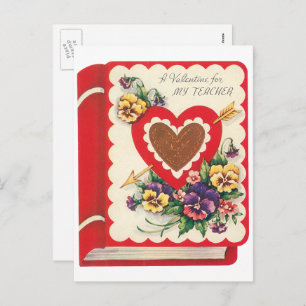 Teacher Valentine, Vintage Book Hearts and Flowers Holiday Postcard
