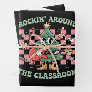 Teacher Xmas Rockin' Around The Classroom Groovy Wrapping Paper Sheet