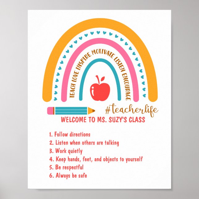 #Teacherlife Rainbow Personalized Classroom Rules  Poster (Front)
