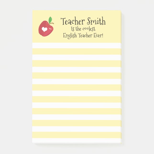 Teachers coolest ever red apple lined yellow post-it notes (Front)