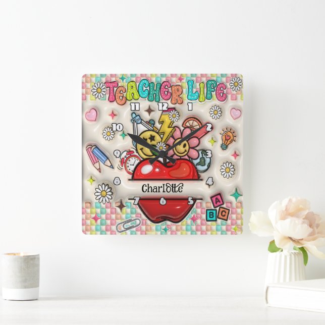 Teachers: Inspire, Grow, Hearts, Minds Square Wall Clock (Home)