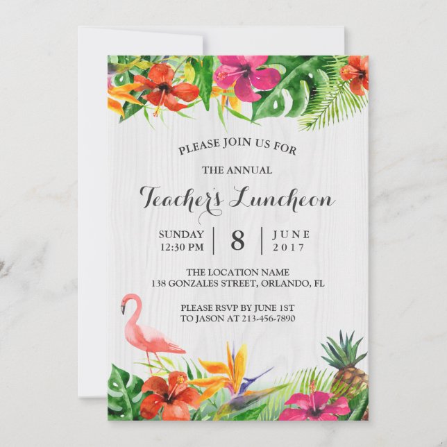 Teacher's Luncheon | Tropical Floral Flamingo Invitation (Front)