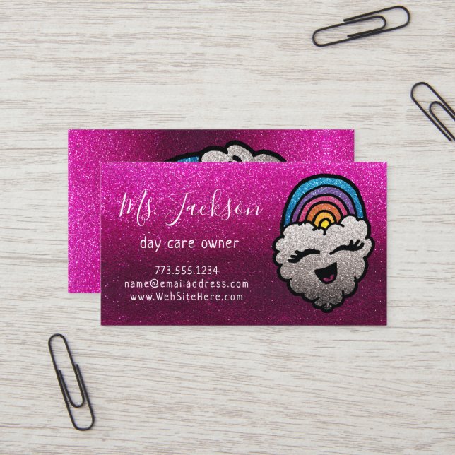 Teacher's Name Rainbow Glitter Heart Cloud Kids Business Card (Front/Back In Situ)