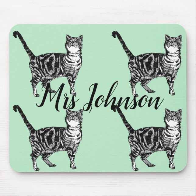 Teachers Name Tabby Cat Computer Mouse Mat Pad (Front)