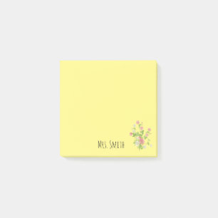 Teacher's name yellow floral monogram post-it notes