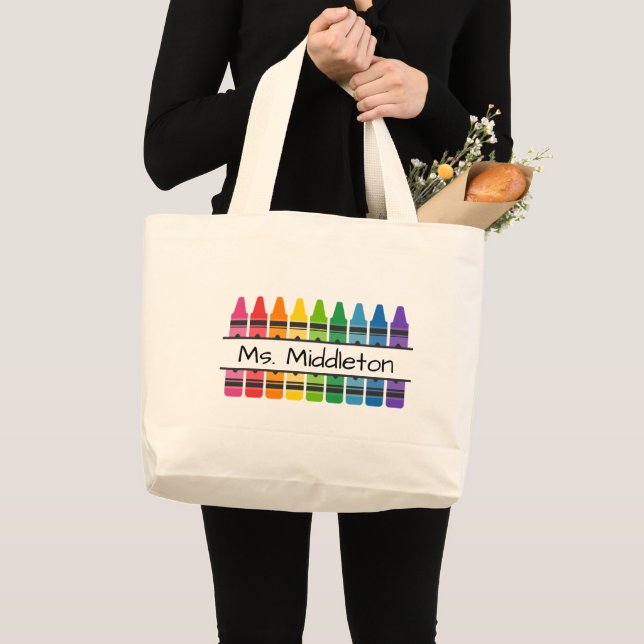 Teacher's Rainbow Crayons Personalised Large Tote Bag (Front (Product))